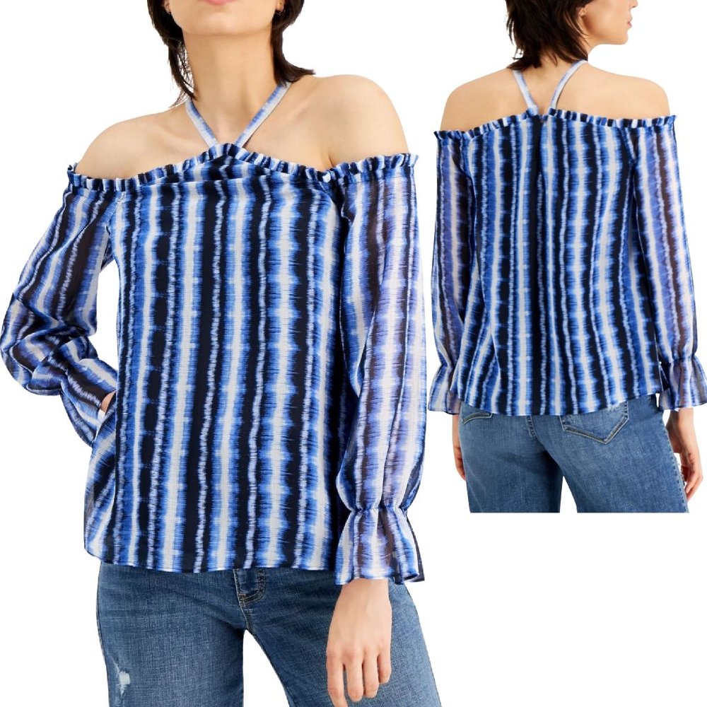INC Off The Shoulder Halter Top Blue White Tie Dye Women's XXL NEW